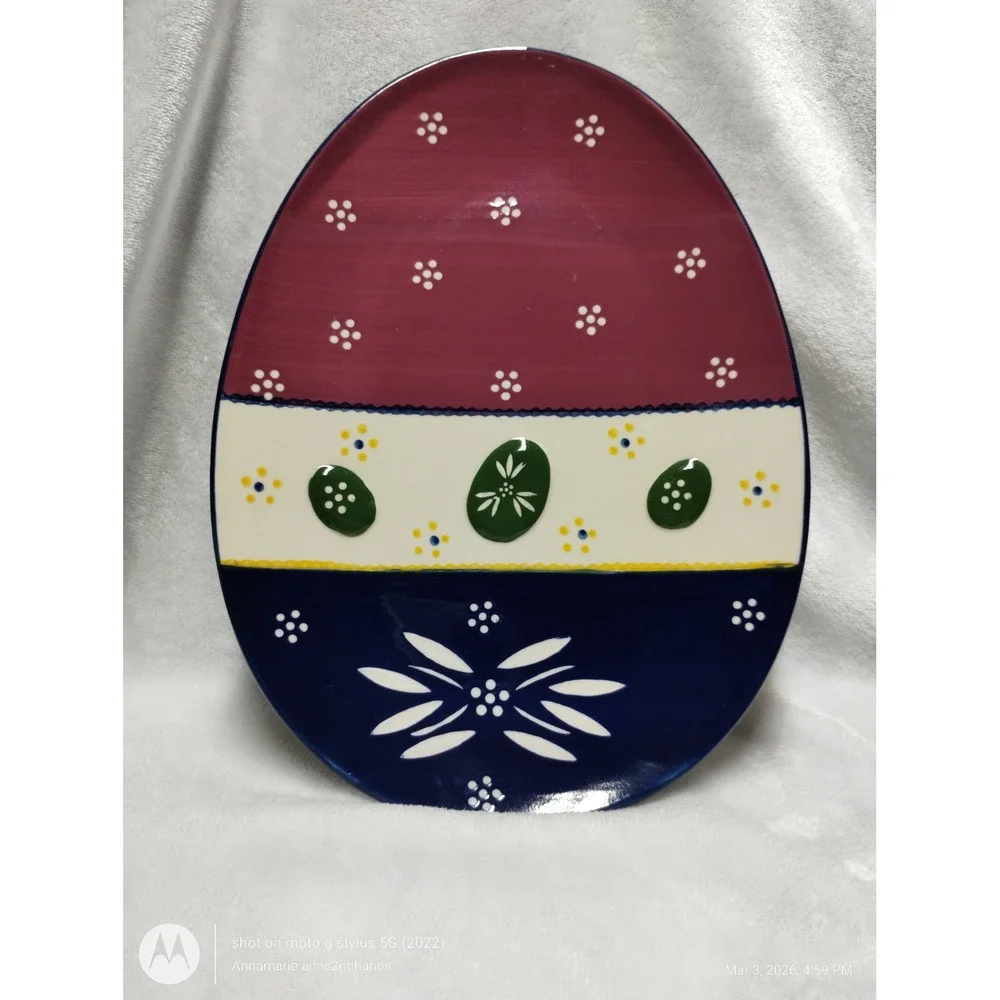 Temp-tations‎ Old World Easter Egg Ceramic Serving Platter Burgundy Navy 13in